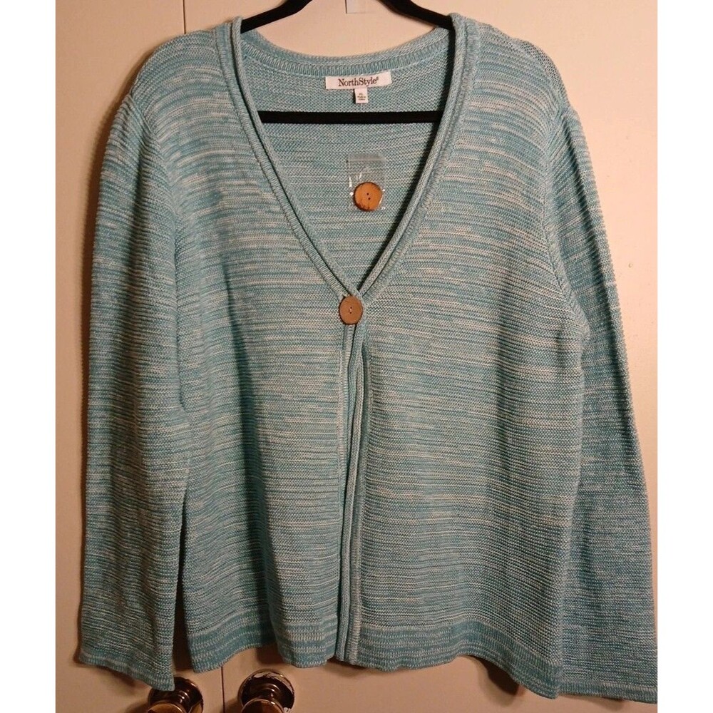 North Style Womens XL Aqua Cotton/Knit 1 Button Open  Cardigan Sweater NWT